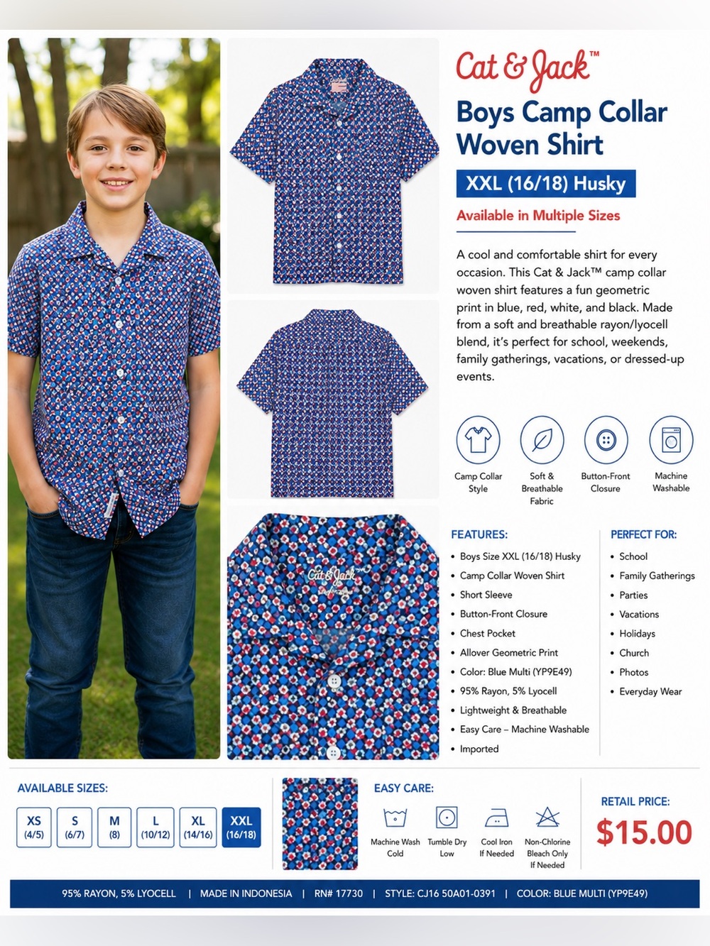 Cat & Jack Blue Multi Short-Sleeve Camp Collar Shirt